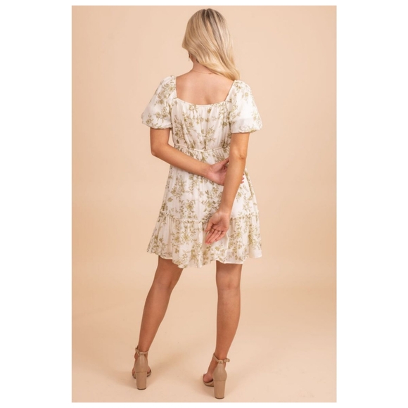 Blu Pepper Modest Square Neck Puff Sleeve White Green Toile Floral Mini Dress L - Picture 4 of 13